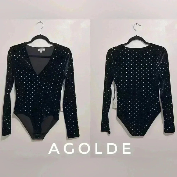 BNWT  AGOLDE Women’s KIRA Velvet rhinestone Bodysuit size Xs in Black - Picture 1 of 5